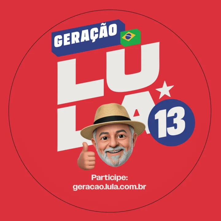 Praguinha redonda vermelha com a logo da Geração Lula e o Lula de chapéu